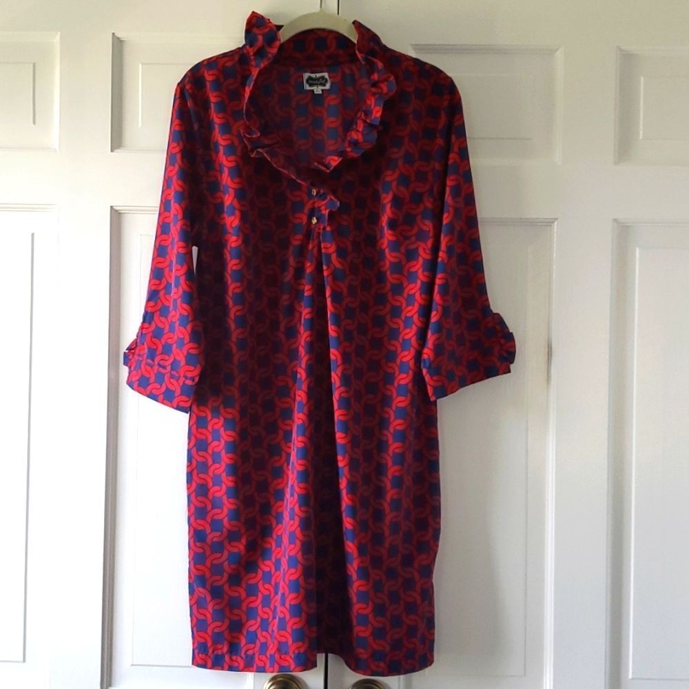 MUD PIE BLUE RED WHITNEY RUFFLE NECK SHIFT DRESS LARGE CHAIN PATTERN PREPPY